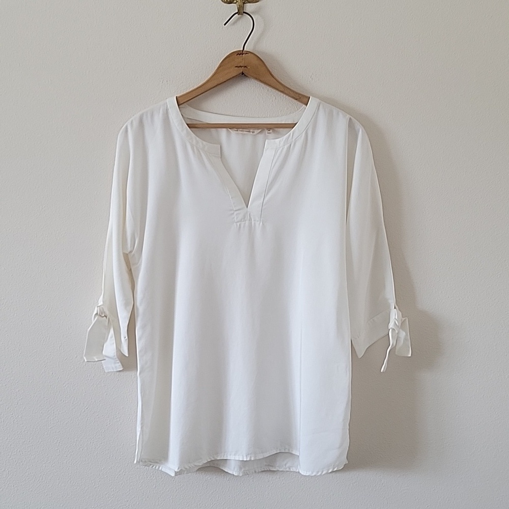 Soft Surroundings Ivory Shoulder Slit Blouse with Tie Sleeves Size XS